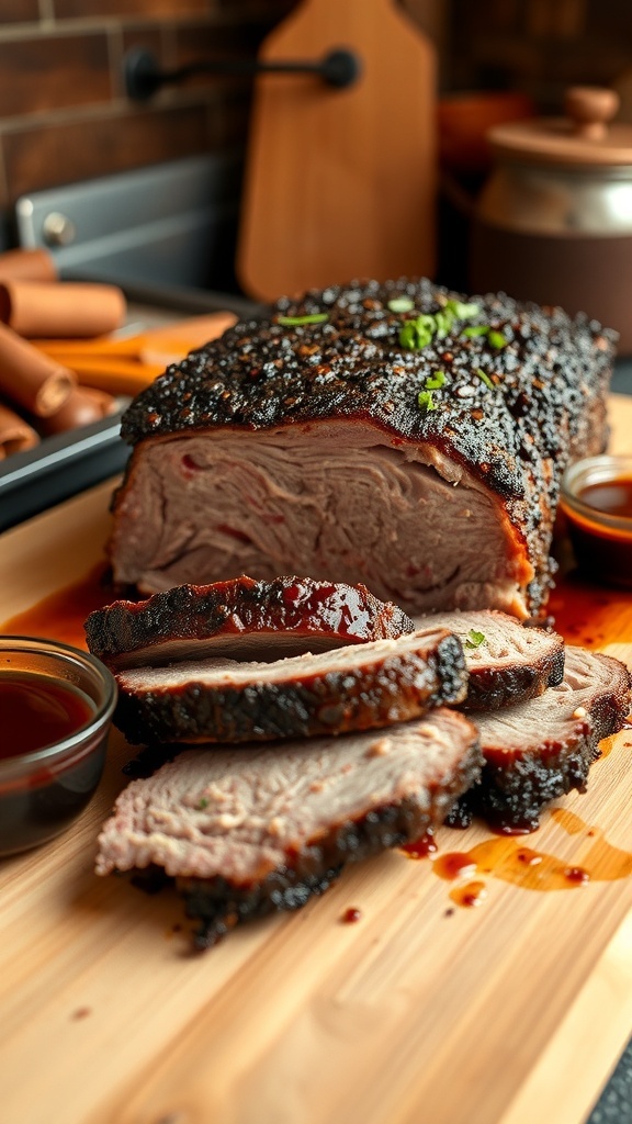 Sliced oven-baked brisket on a cutting board with BBQ sauce and herbs.
